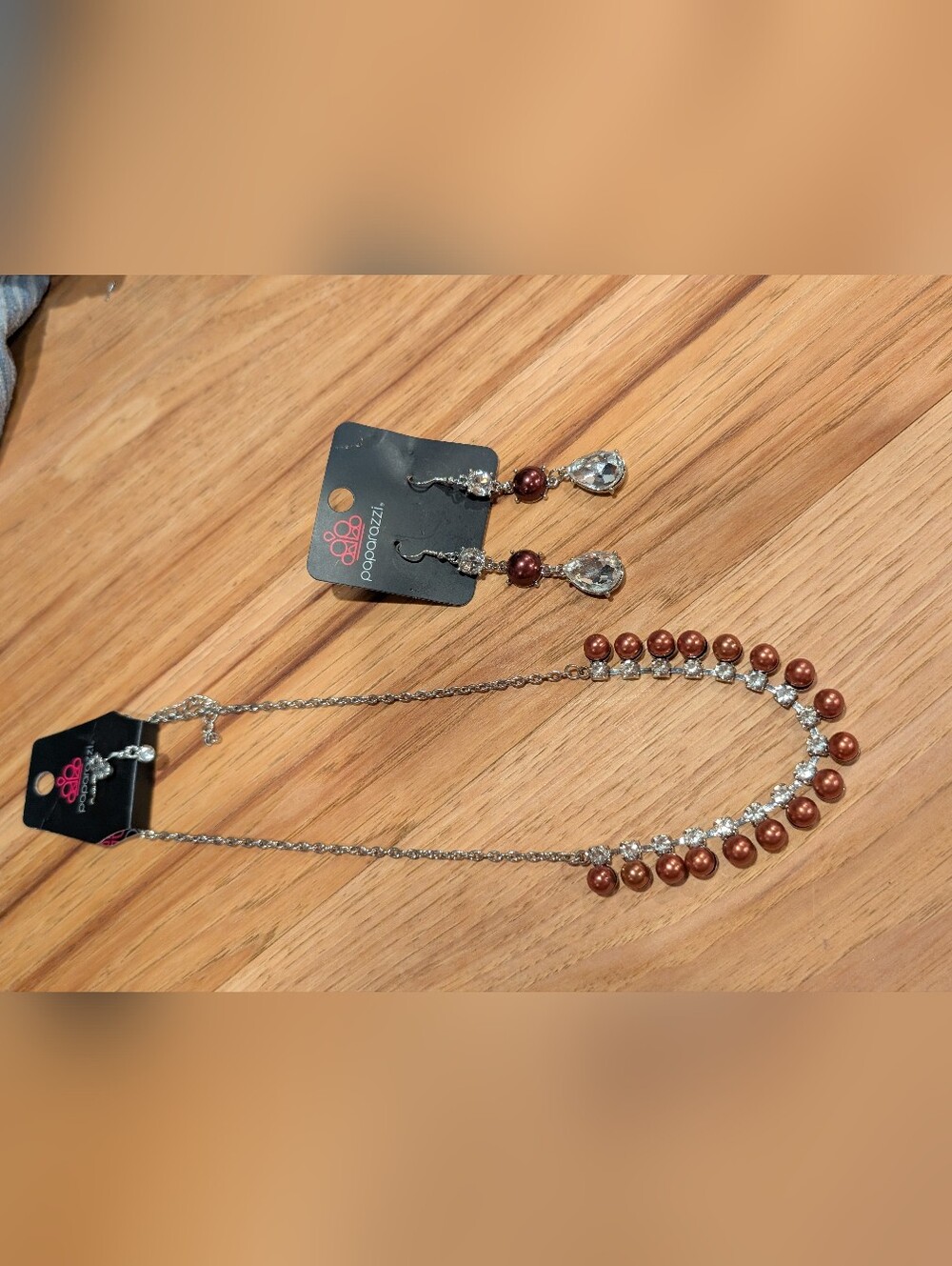 Paparazzi Brown Pearl Teardrop Crystal Necklace & Earring Set